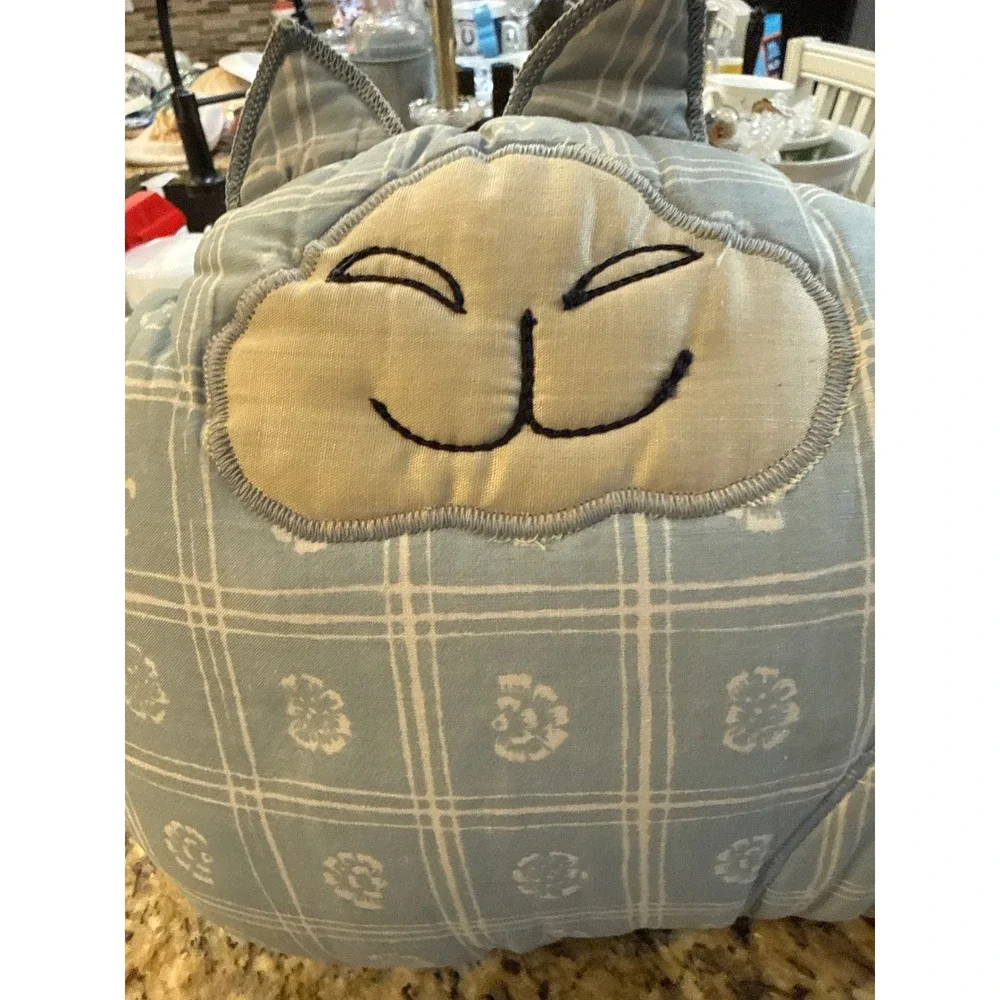 Blue Plaid Floral Cat Shaped Decorative Accent Pillow Embroidered Face 12x9